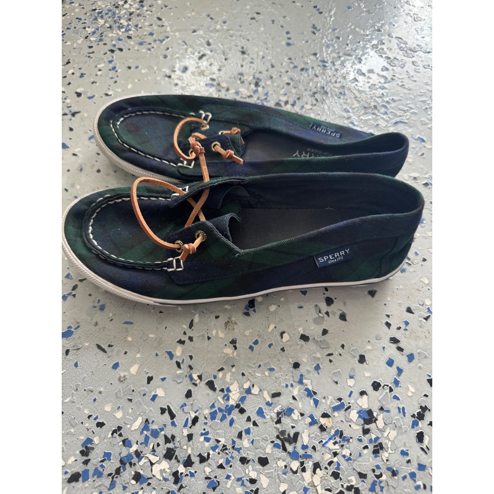 Sperry Green Plaid Canvas Boat Shoes with Brown Laces